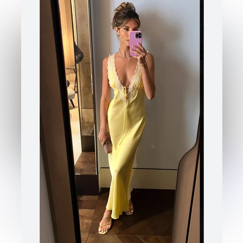 Rumored Yellow Satin Lace Trim Venice Maxi Dress NWT Small